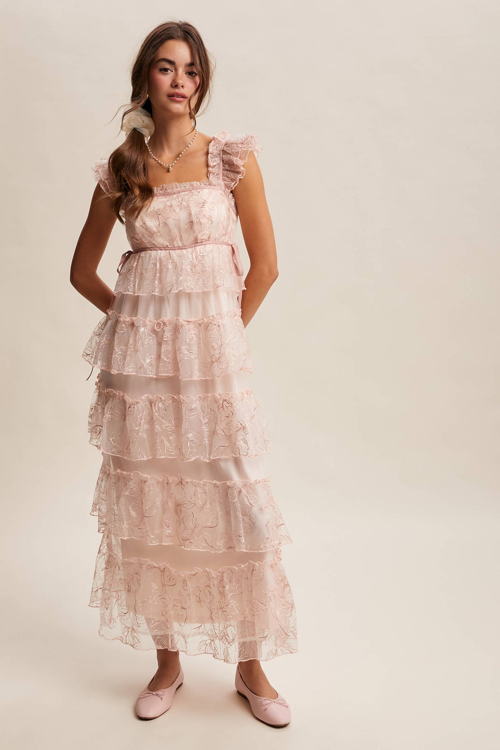 Delicate Floral Embroidered Lace Maxi Dress