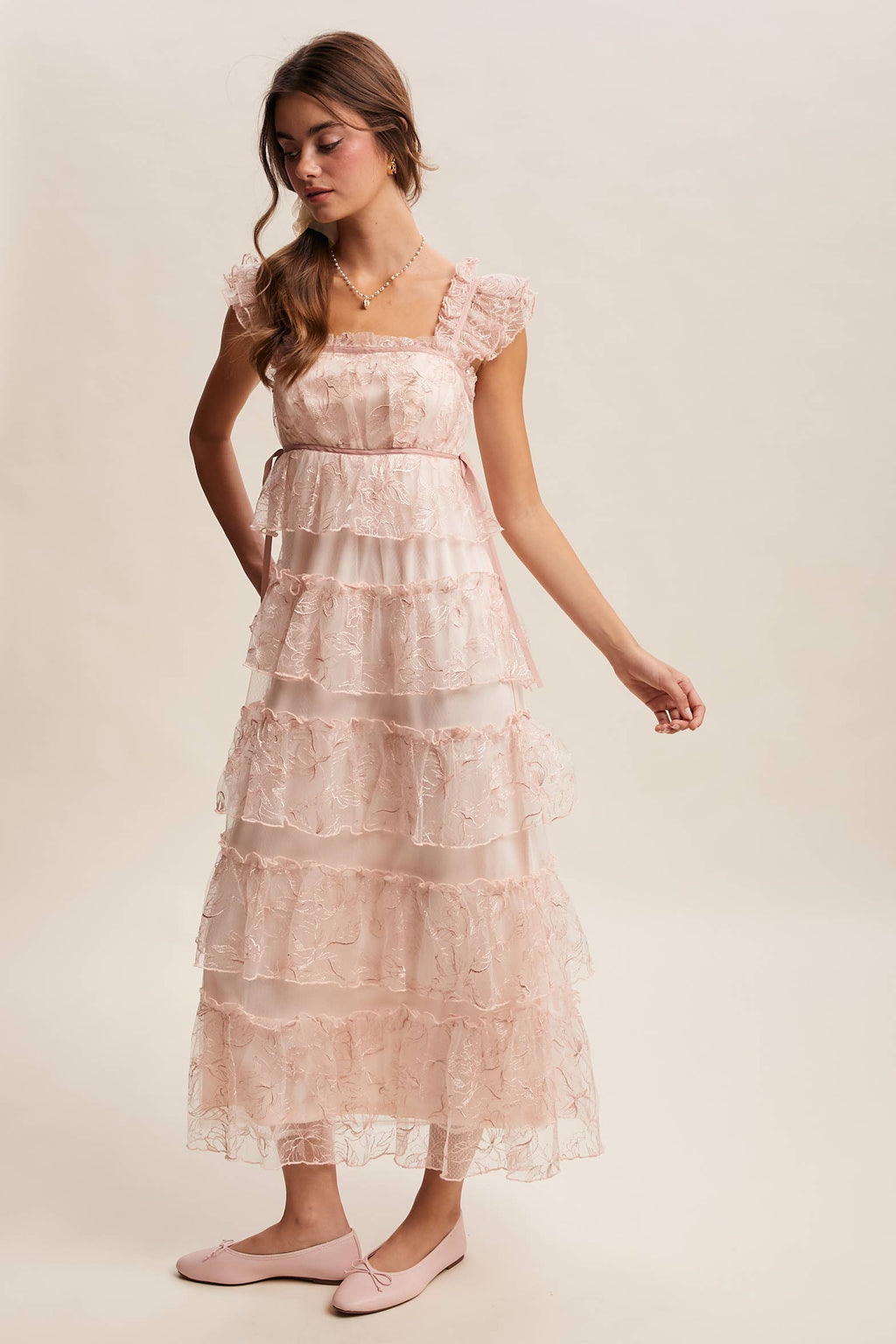 Delicate Floral Embroidered Lace Maxi Dress