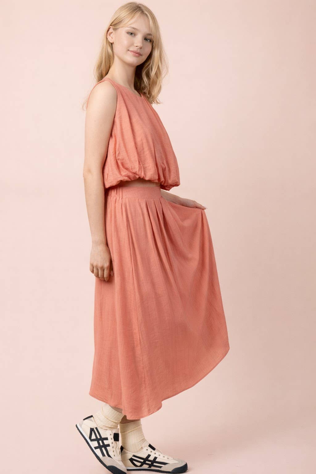 Pleated Bubble Blouse Top & Midi Skirt Set