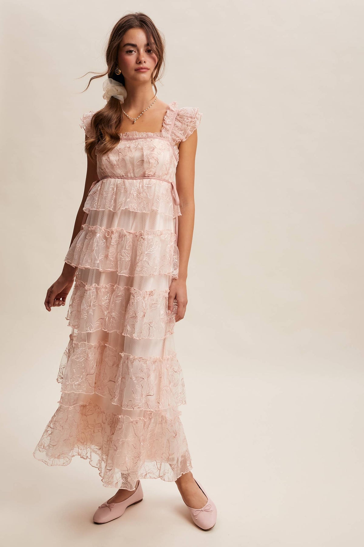 Delicate Floral Embroidered Lace Maxi Dress