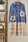 FLORAL PATCH DENIM SHIRT DRESS WITH LACE RUFFLE