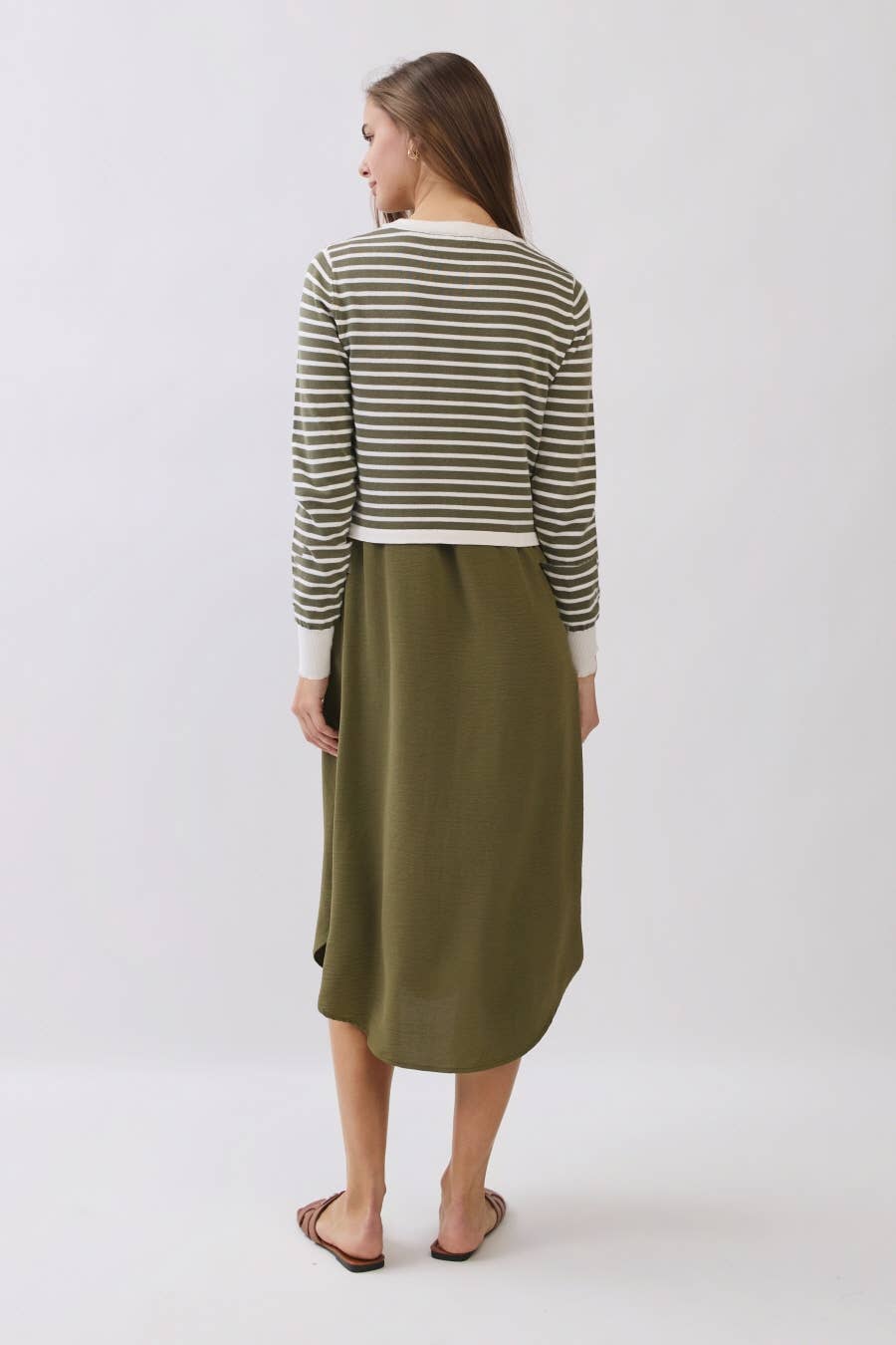 Striped Long Sleeve Knit Top Matching Midi Skirt Set