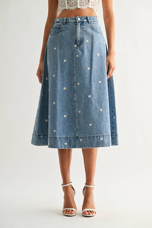 Daisy Embroidered Denim Skirt
