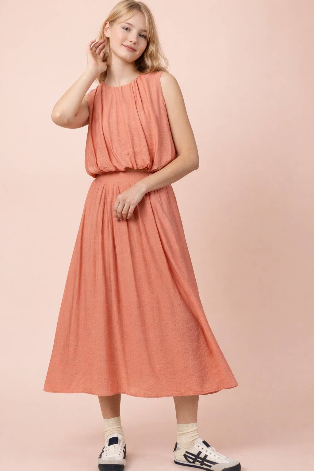 Pleated Bubble Blouse Top & Midi Skirt Set