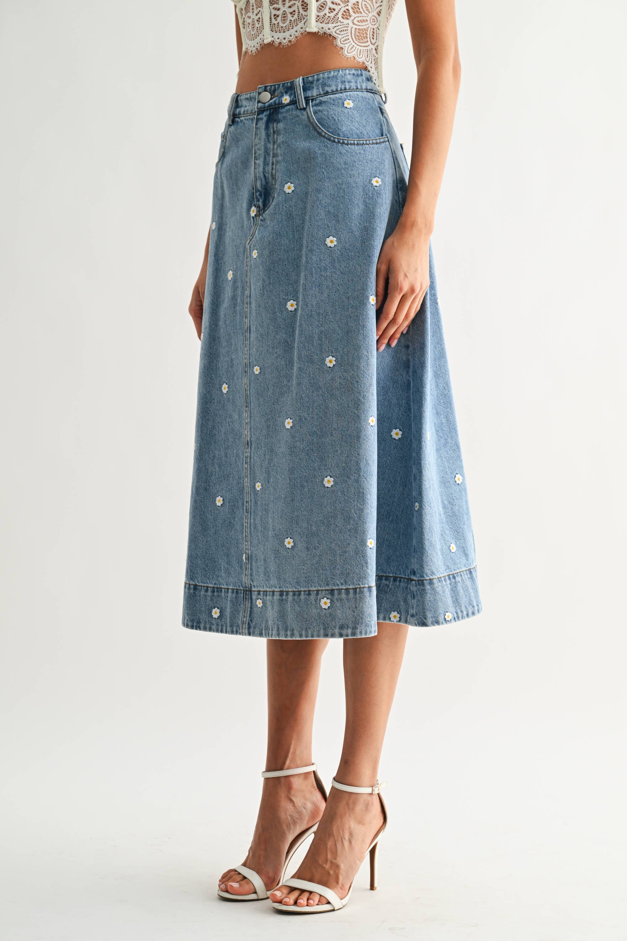 Daisy Embroidered Denim Skirt