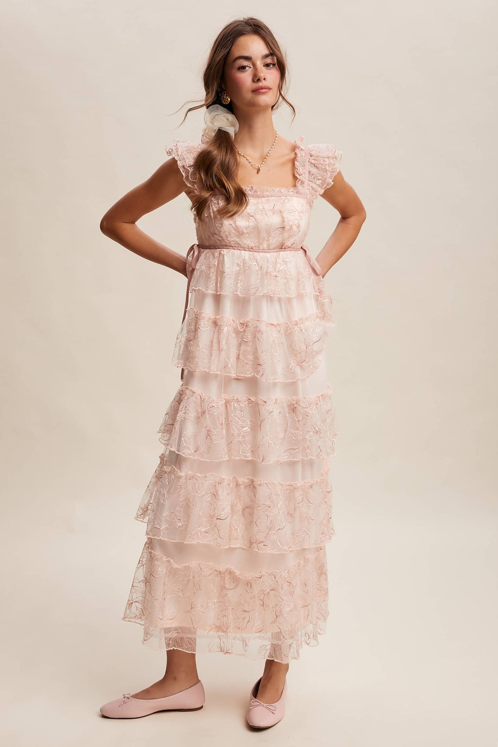 Delicate Floral Embroidered Lace Maxi Dress