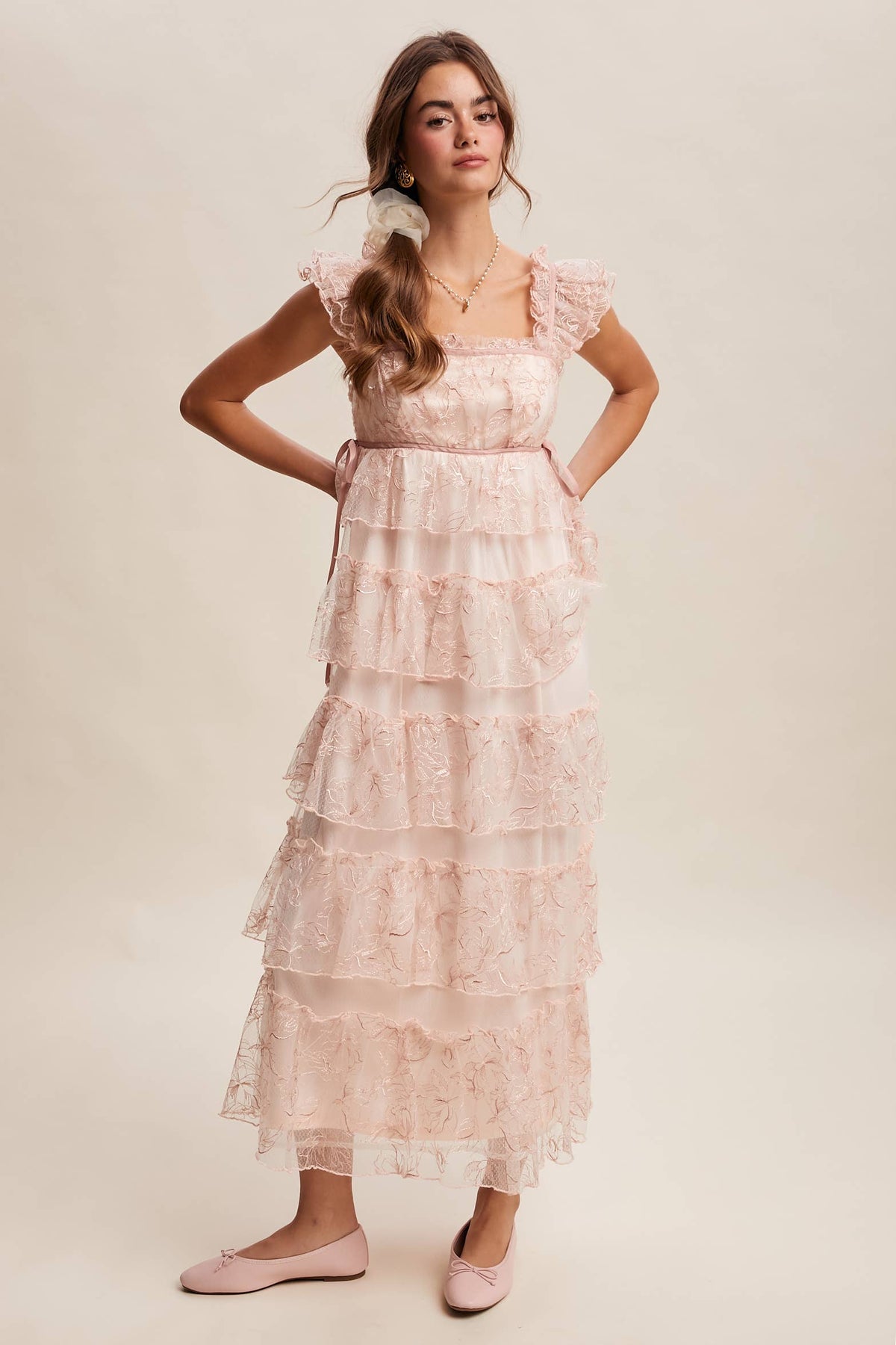 Delicate Floral Embroidered Lace Maxi Dress