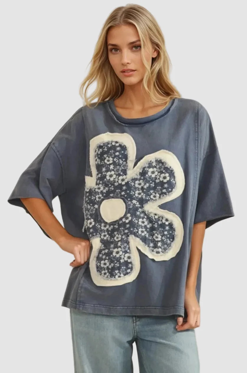 Floral denim patchwork top