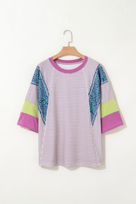 Floral stripe color block top