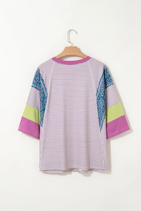 Floral stripe color block top