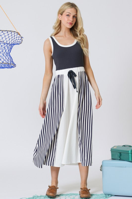 Navy stripe twofer midi dress