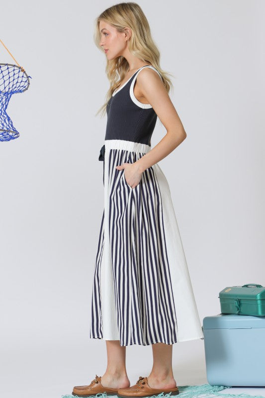 Navy stripe twofer midi dress