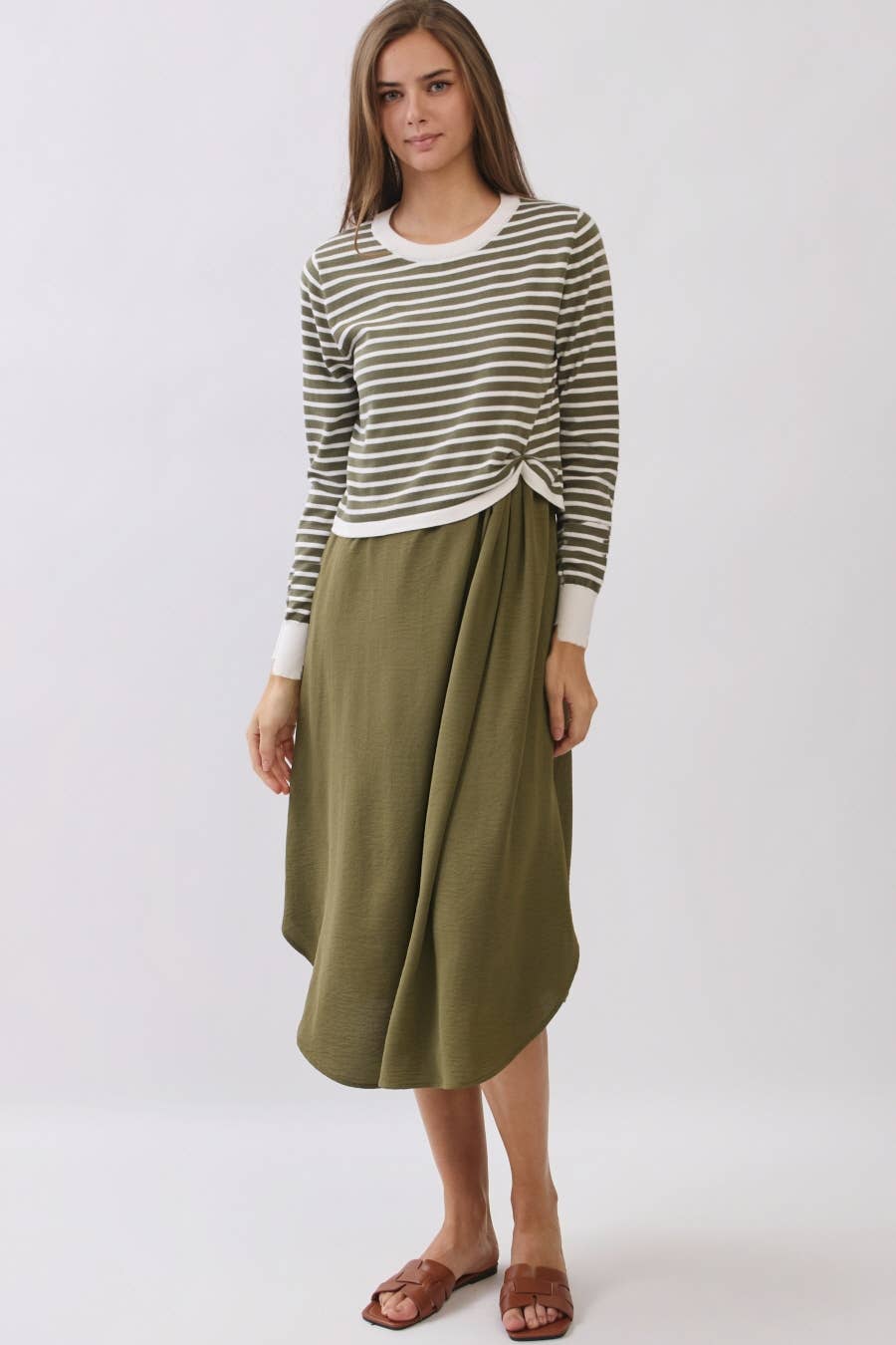 Striped Long Sleeve Knit Top Matching Midi Skirt Set