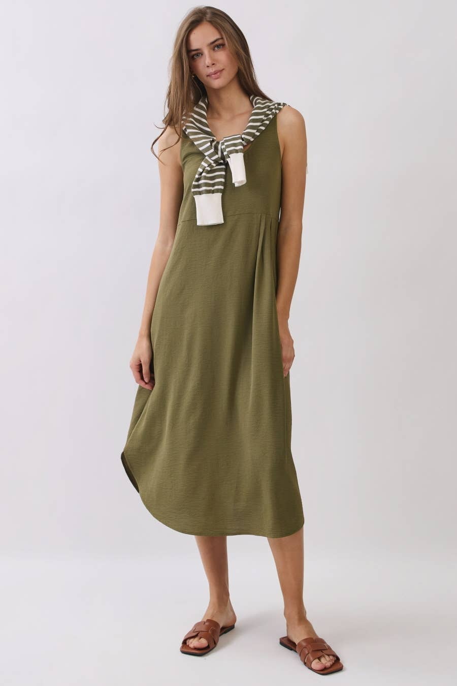 Striped Long Sleeve Knit Top Matching Midi Skirt Set