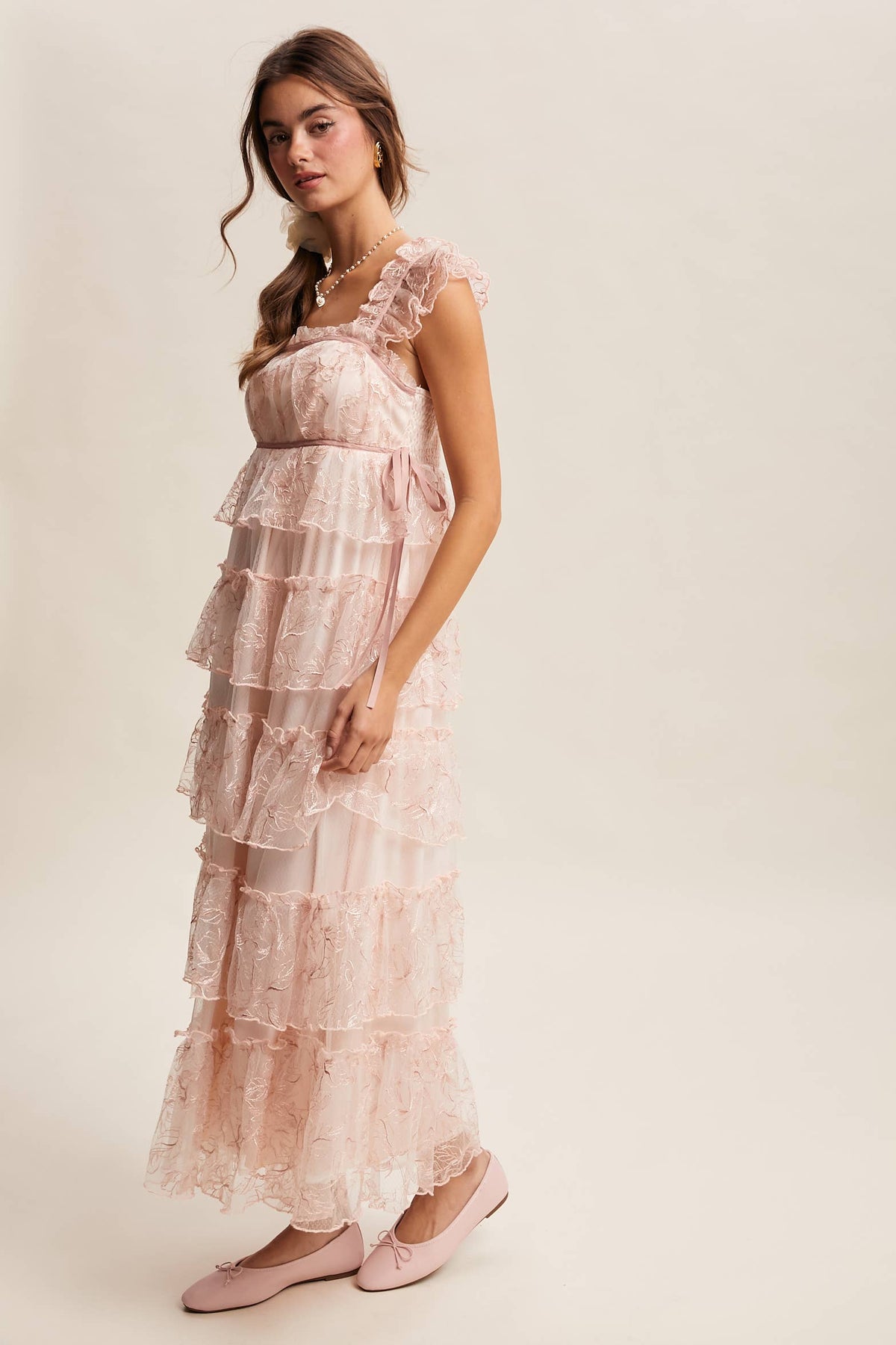 Delicate Floral Embroidered Lace Maxi Dress