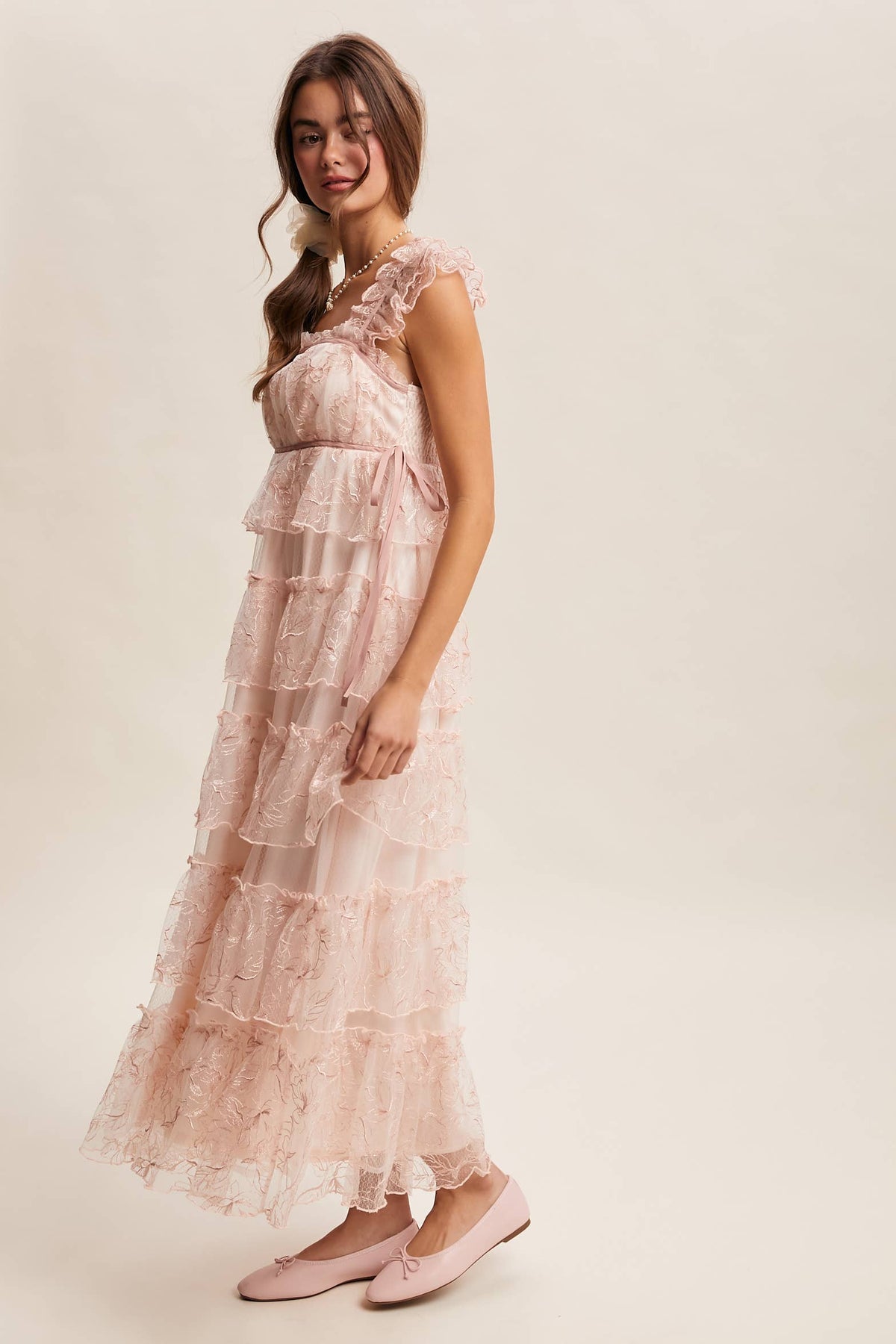 Delicate Floral Embroidered Lace Maxi Dress