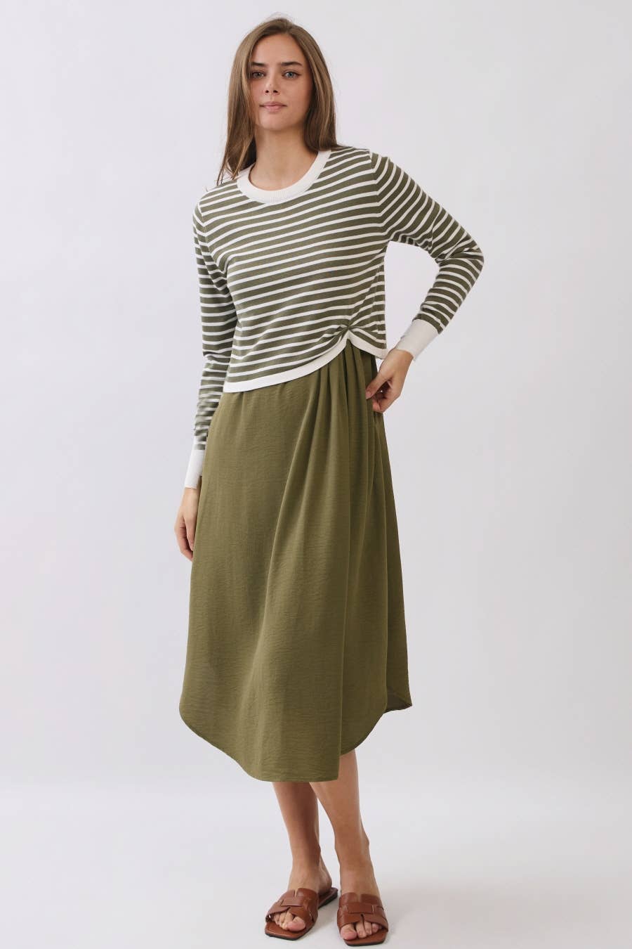 Striped Long Sleeve Knit Top Matching Midi Skirt Set