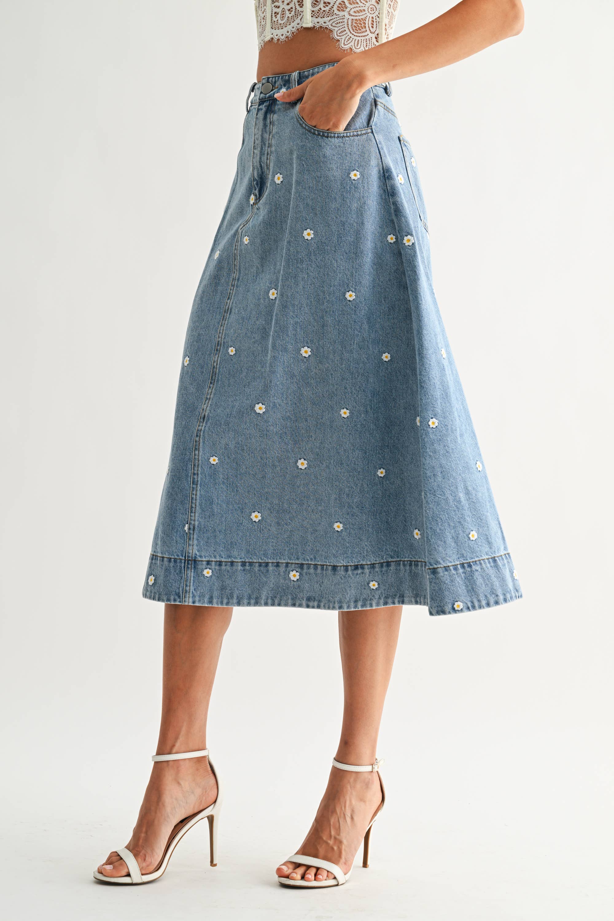 Daisy Embroidered Denim Skirt