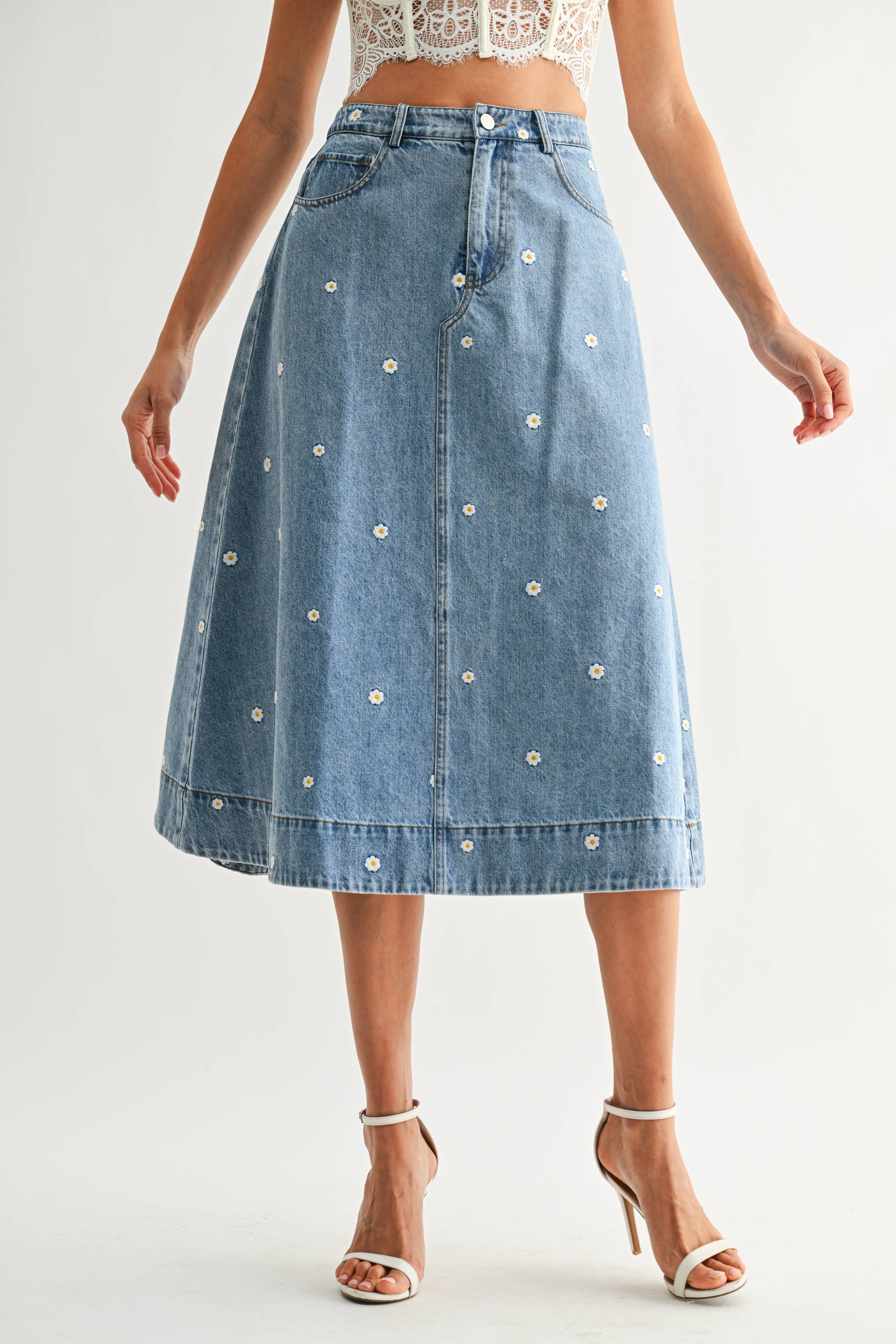 Daisy Embroidered Denim Skirt
