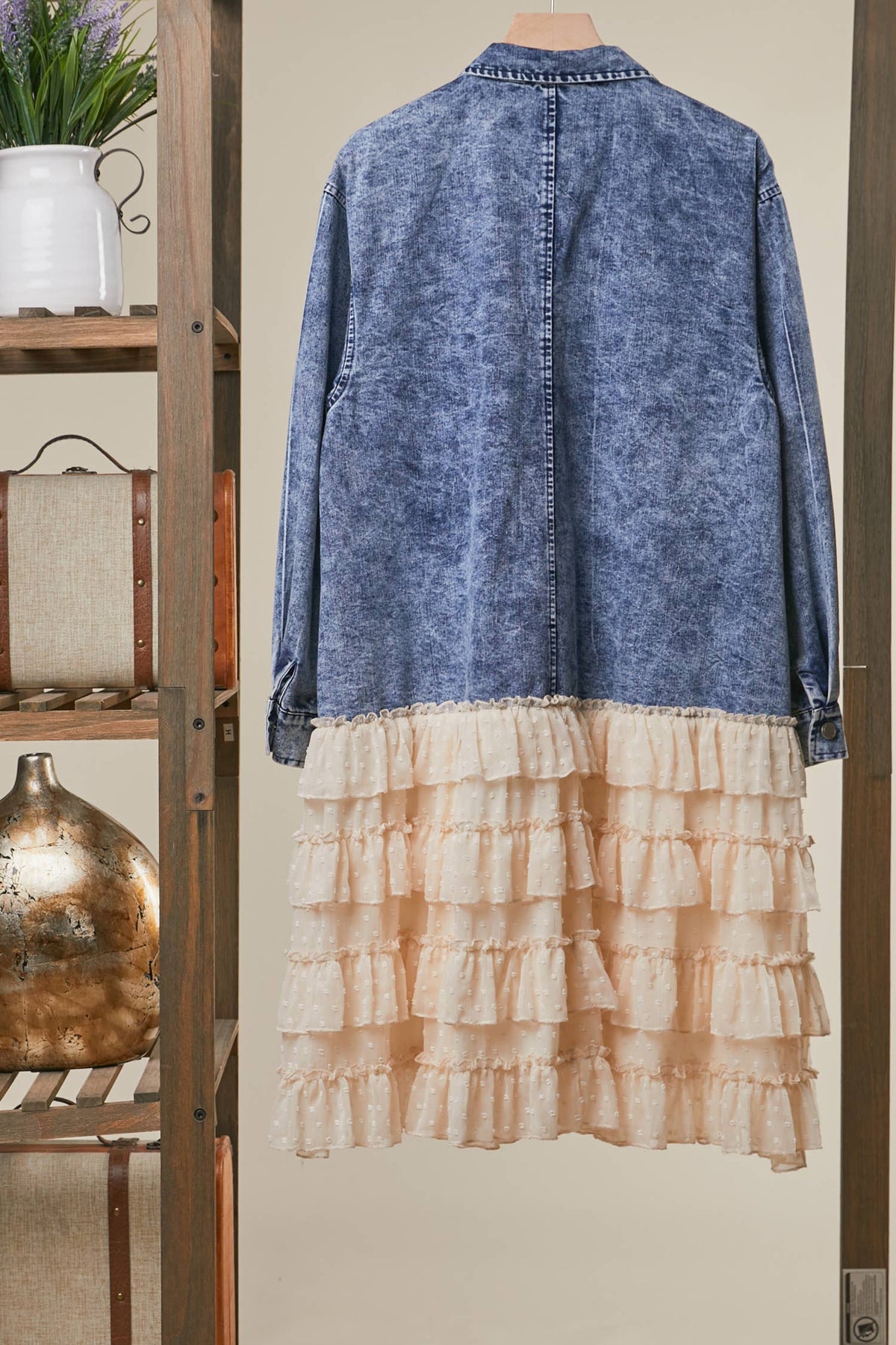 FLORAL PATCH DENIM SHIRT DRESS WITH LACE RUFFLE